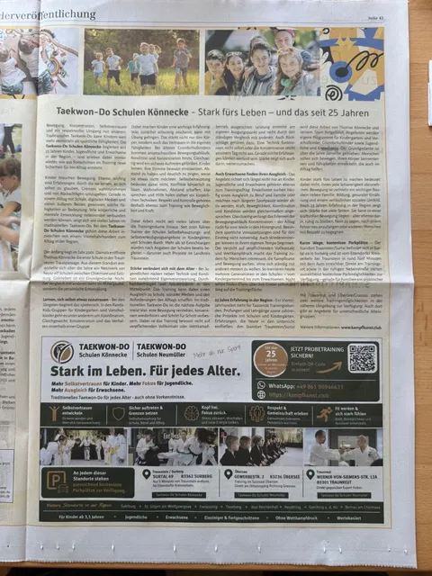 Seite 43 des Traunsteiner Tagblatts vom 19. September 2026: Sonderveröffentlichung „Taekwon-Do Schulen Könnecke – Stark fürs Leben – und das seit 25 Jahren“ mit Kinderfotos und Anzeige „Stark im Leben. Für jedes Alter.“