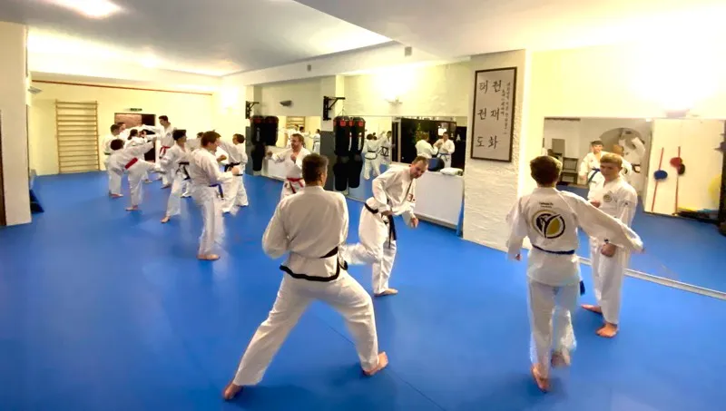Erwachsenentraining bei Taekwon-Do Traunreut – Trainingsgruppe mit verschiedenen Gürtelfarben übt Technik im Trainingsraum