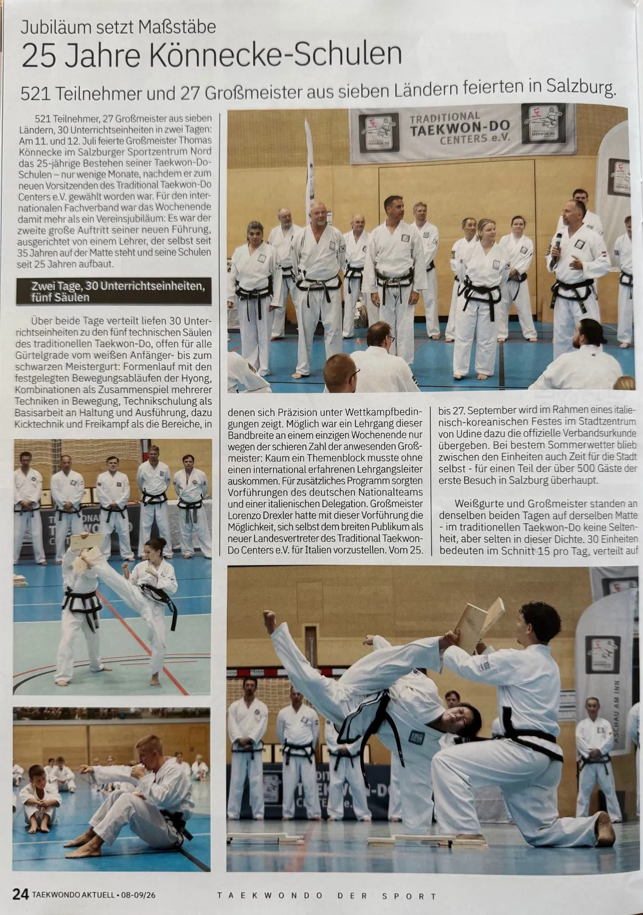 Seite 24 von Taekwondo Aktuell 08-09/2026 mit dem Beginn des Berichts „25 Jahre Könnecke-Schulen“, Gruppenbild der Großmeister vor dem Banner des Traditional Taekwon-Do Centers e.V. und Bruchtest-Vorführungen