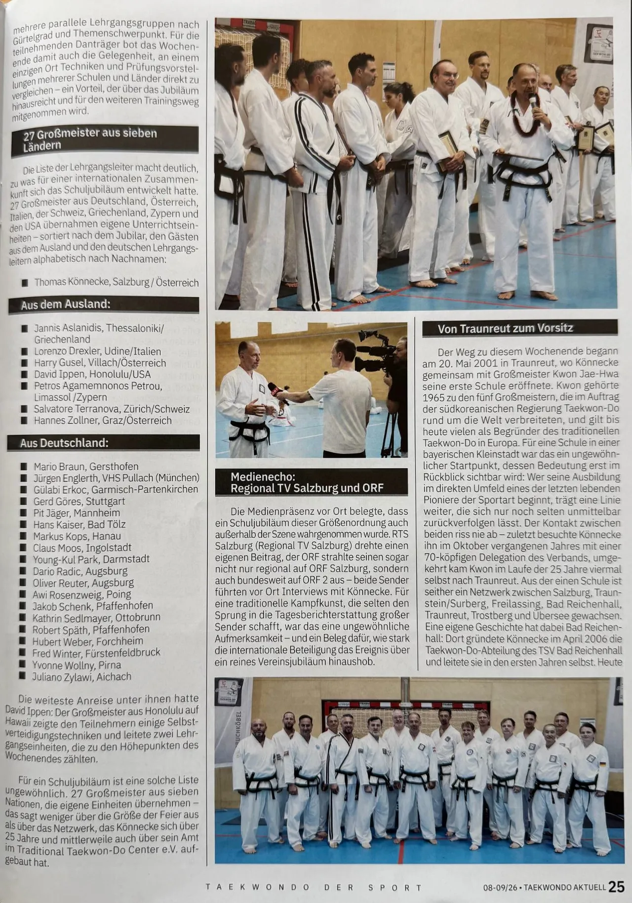 Seite 25 von Taekwondo Aktuell 08-09/2026 mit der Liste der 27 Großmeister, Foto des ORF-Interviews mit Thomas Könnecke und Gruppenbild der Lehrgangsleiter