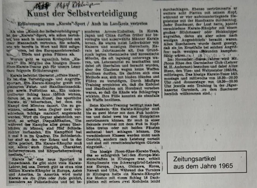 Zeitungsausschnitt von 1965 mit der Überschrift „Kunst der Selbstverteidigung – Erläuterungen zum Karate-Sport / Auch im Landkreis vertreten“